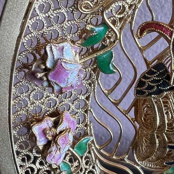 Chinese gold filigree enamel 3D dragon Phoenix decorative plate - Picture 7 of 14